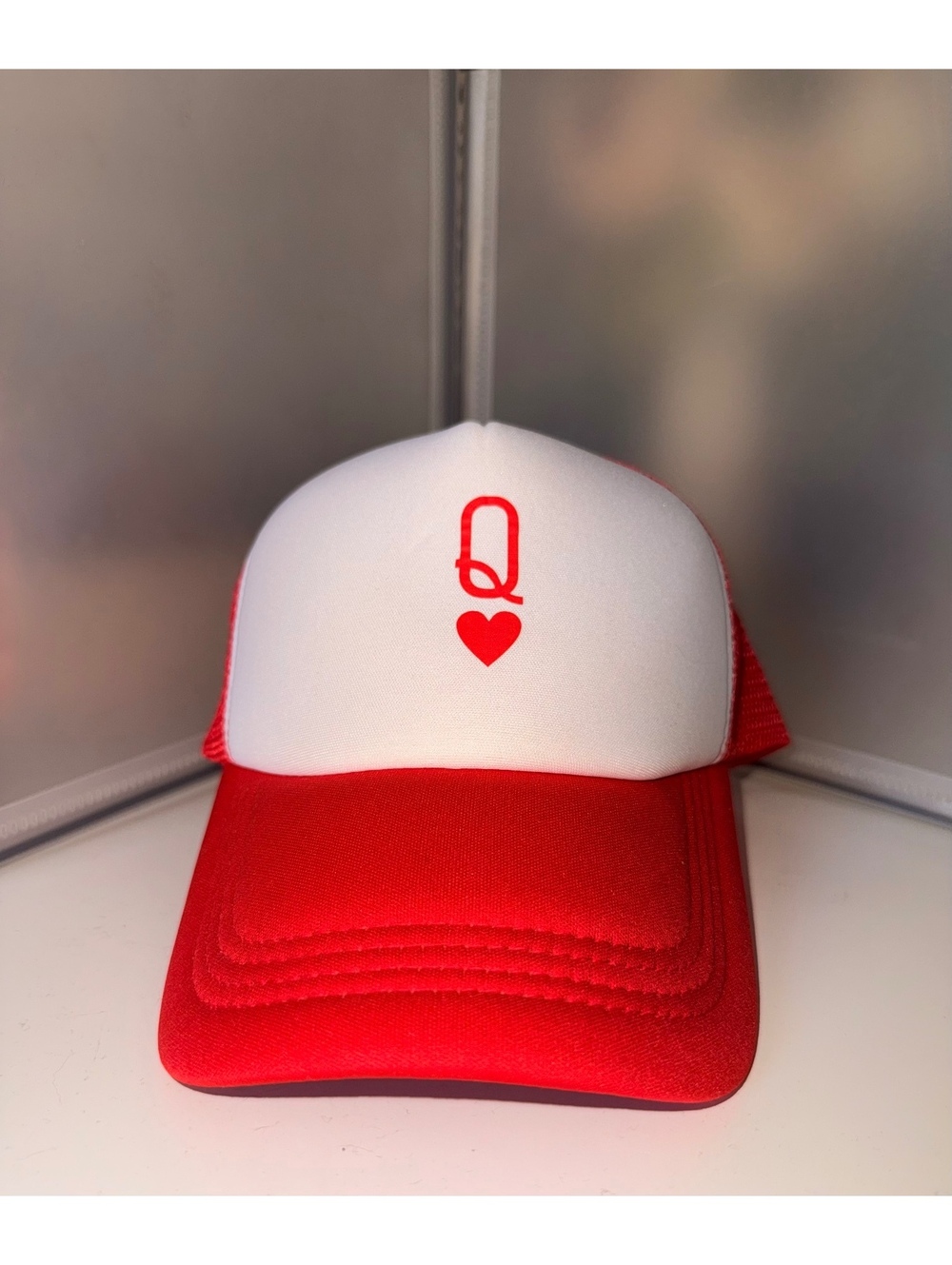 Queen of Hearts Red White Trucker Hat Y2K Snapback